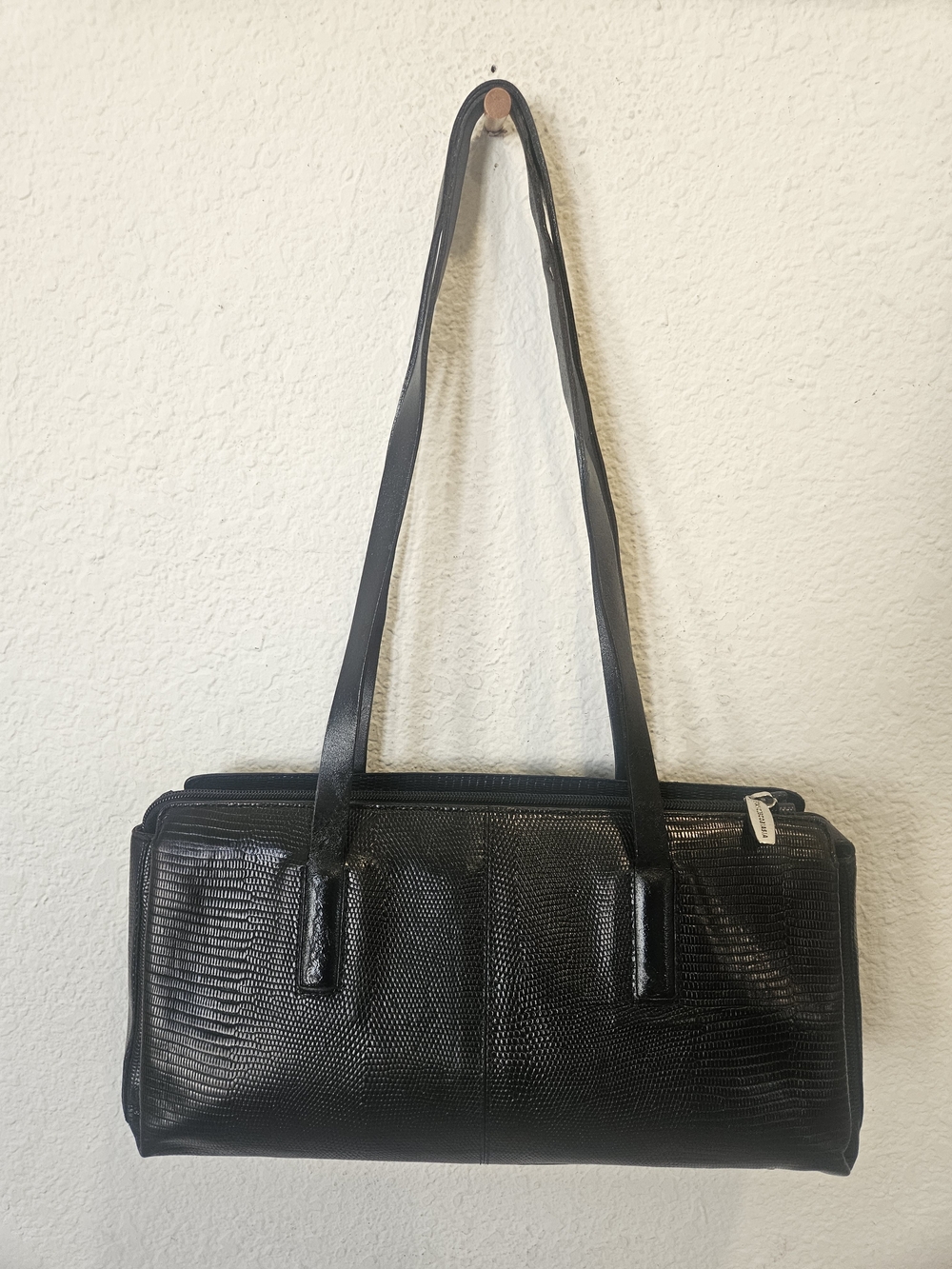 Vintage Francesco Biasia Black Leather Lizard Skin Textured Shoulder Bag